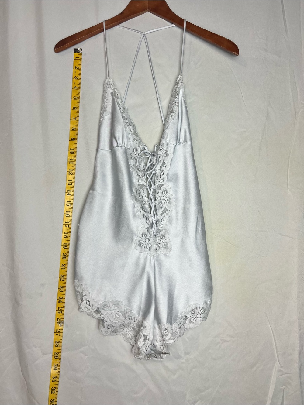 Nolan Miller White Satin Lace-Trim Chemise Romper